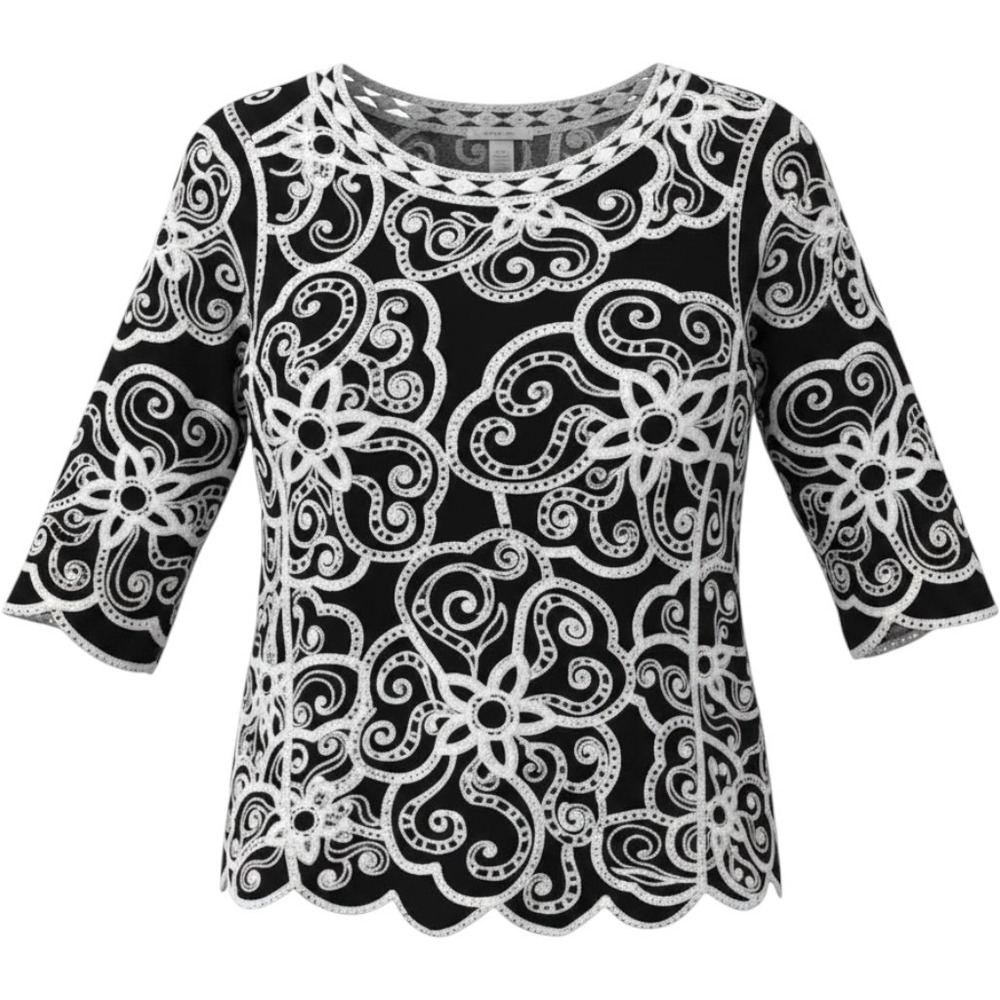 (A2) Chico's Black White Embroidered Soutache Top Blouse Size 1 Medium US 8/10‎